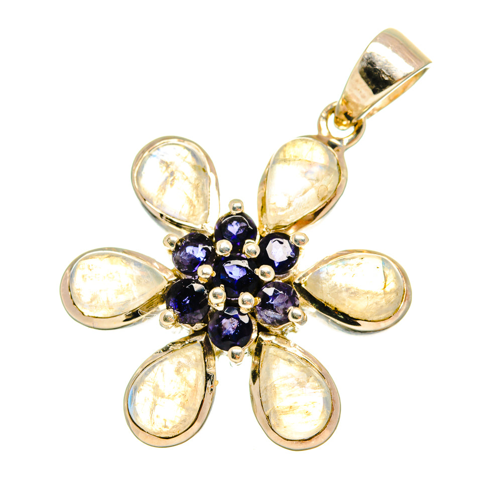Flower-shaped pendant in 925 sterling silver with opal-like oval moonstones and dark purple center