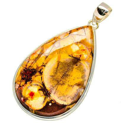Teardrop amber jasper pendant with silver frame and bail, yellow and black mottling