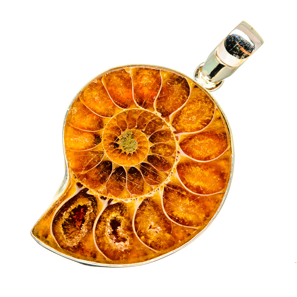 Ammonite fossil pendant with teardrop shape, amber swirl cabochon, polished 925 silver bail