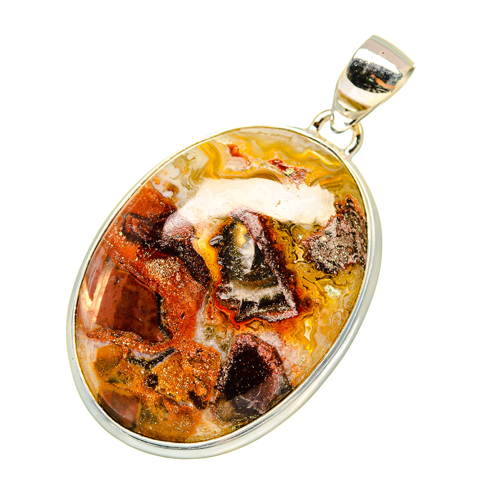 Oval Crazy lace agate pendant, 925 sterling silver bezel, warm orange and black swirls.