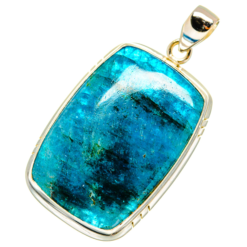 Sterling silver apatite pendant with rounded rectangular setting, bright blue stone and bail