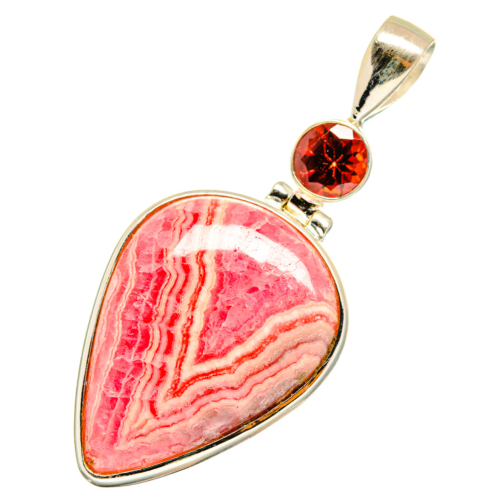 Rhodochrosite pendant with teardrop stone and round red garnet drop in 925 silver