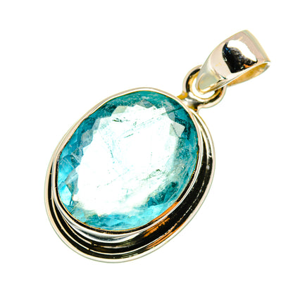 Blue fluorite pendant with faceted oval teal stone in sterling silver bezel, full view