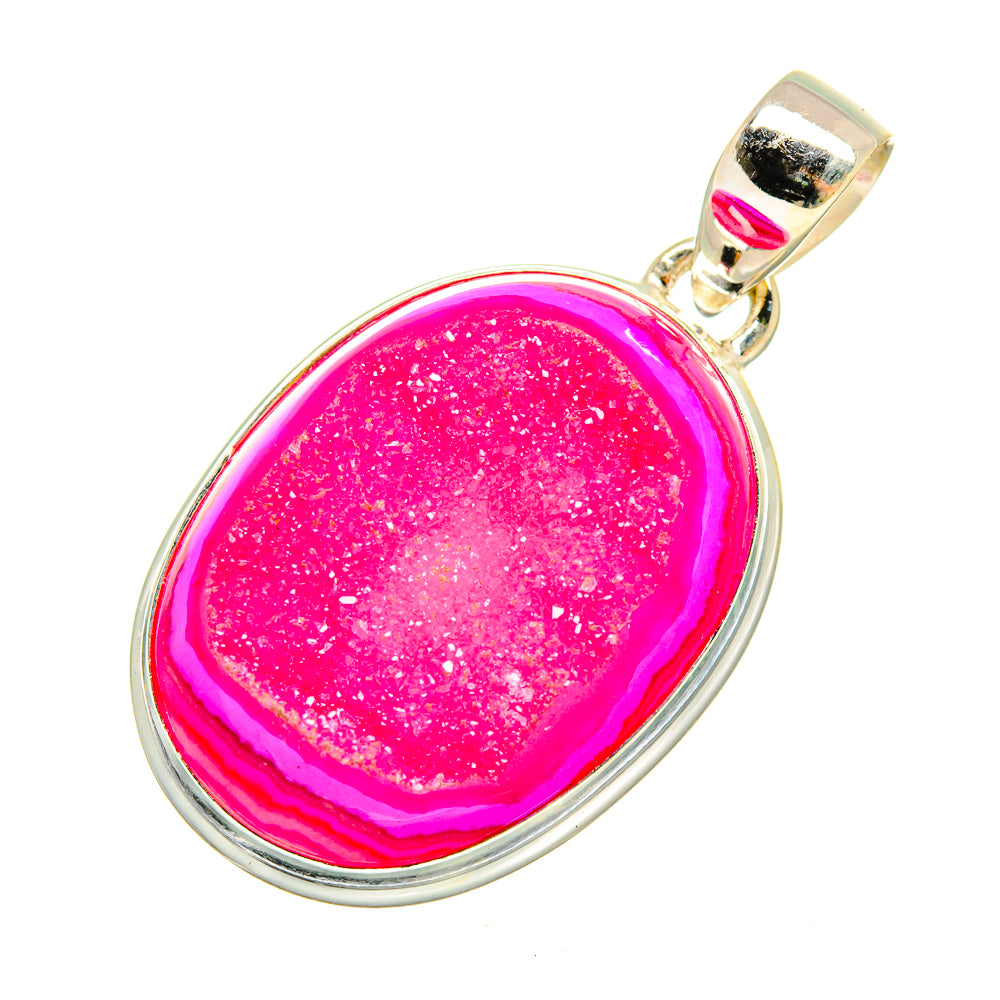 Pink druzy agate pendant with sterling silver bezel and loop bail, oval slice