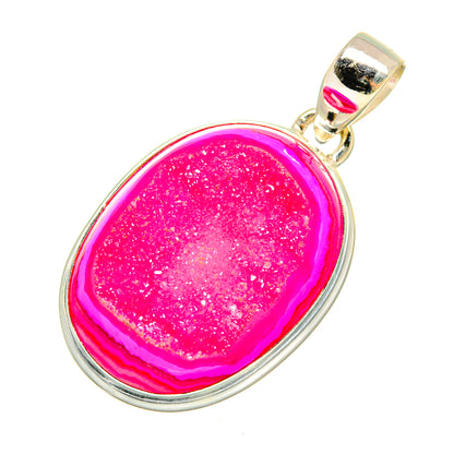 Pink druzy agate pendant with sterling silver bezel and loop bail, oval slice