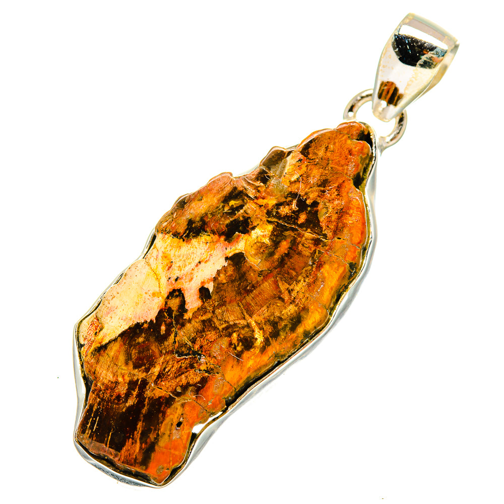 Amber petrified wood pendant with sterling-silver bail and bezel