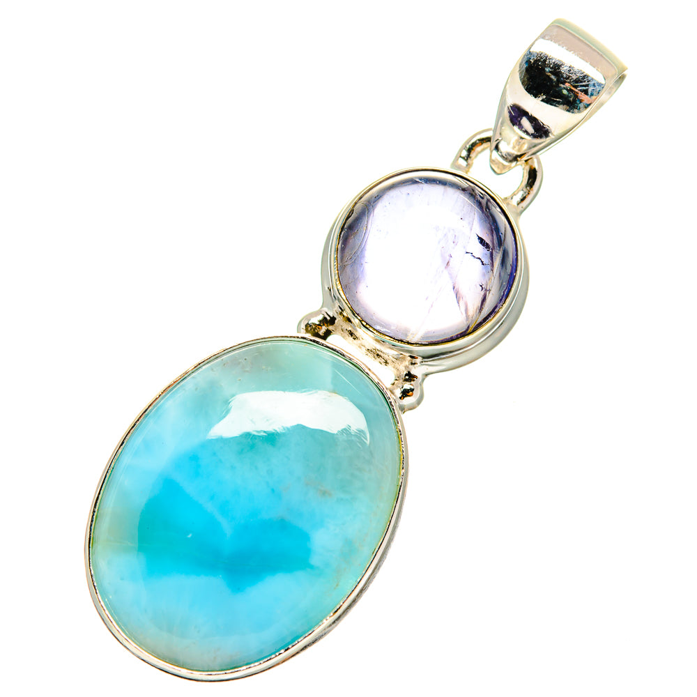 Sterling silver pendant with oval Larimar and oval tanzanite cabochons