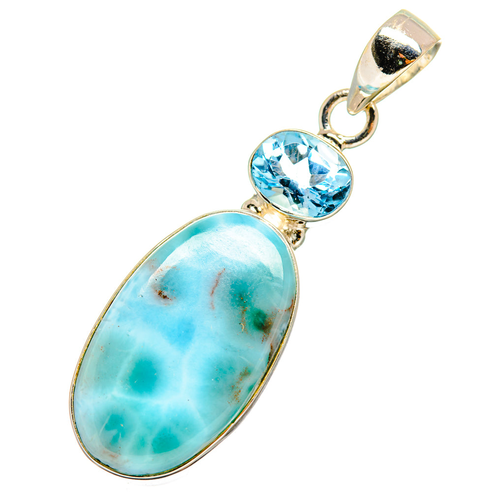 Sterling silver pendant with oval larimar and round blue topaz stones, hinged bail