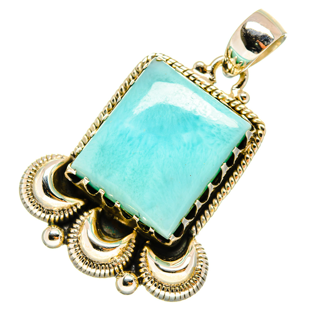 Sterling silver larimar pendant, rectangular light-blue stone with detailed border and bail
