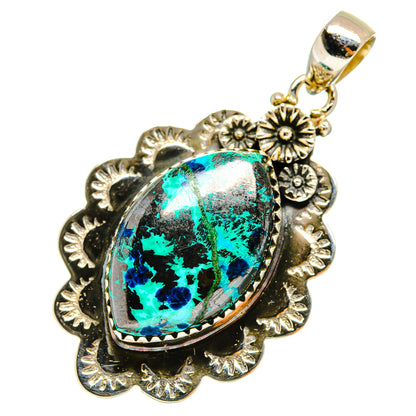 Shattuckite pendant charm, oval blue-green cabochon set in 925 sterling silver filigree.