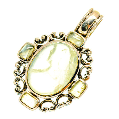Oval prehnite pendant with gold-tone 925 sterling silver frame, beaded halo and bail