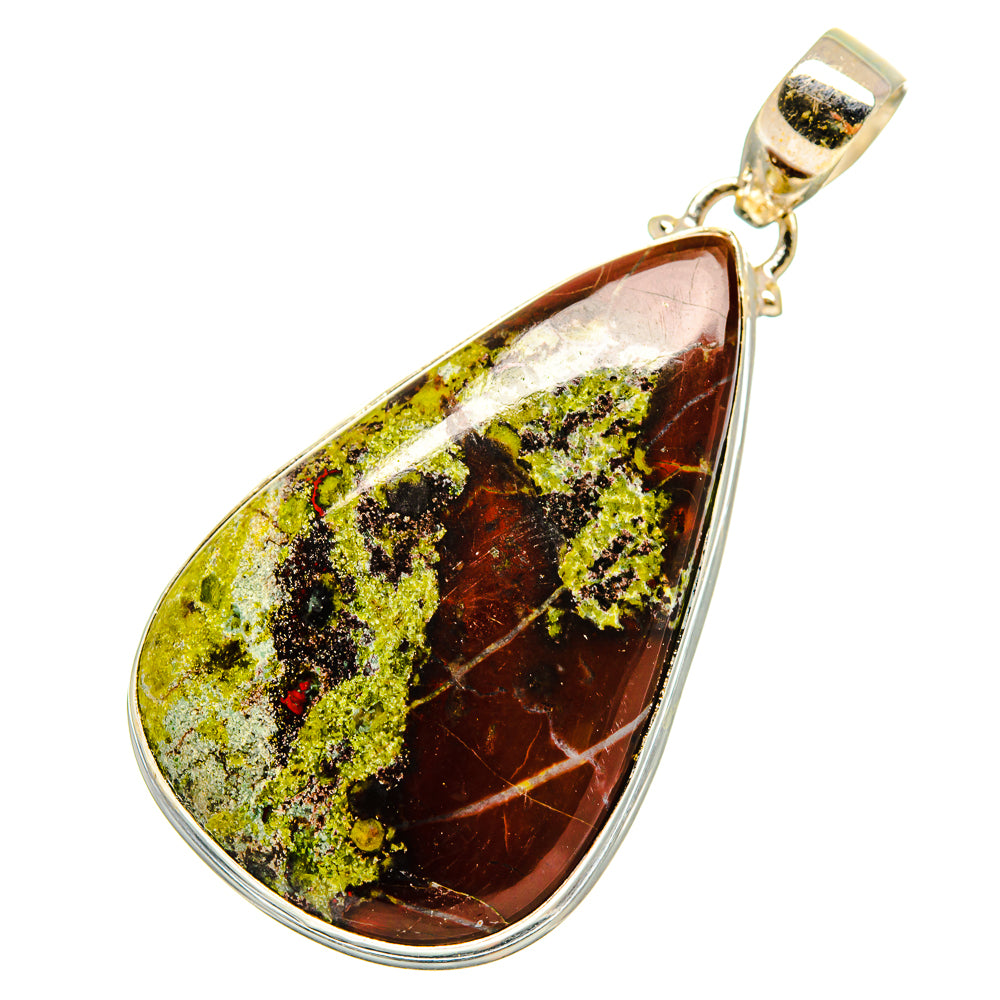 Teardrop amber-green and dark brown stone pendant in silver bezel with bail