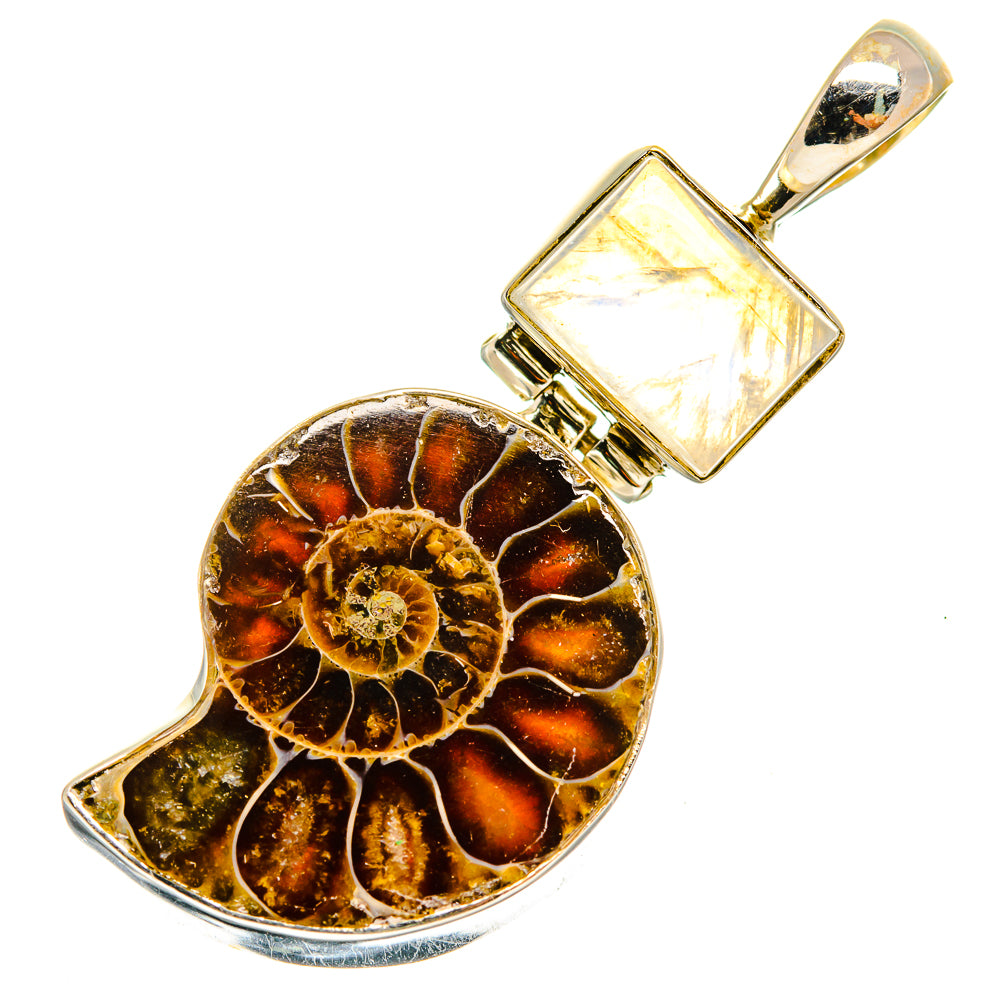 Ammonite fossil pendant with square iridescent moonstone and gold-tone bail clasp