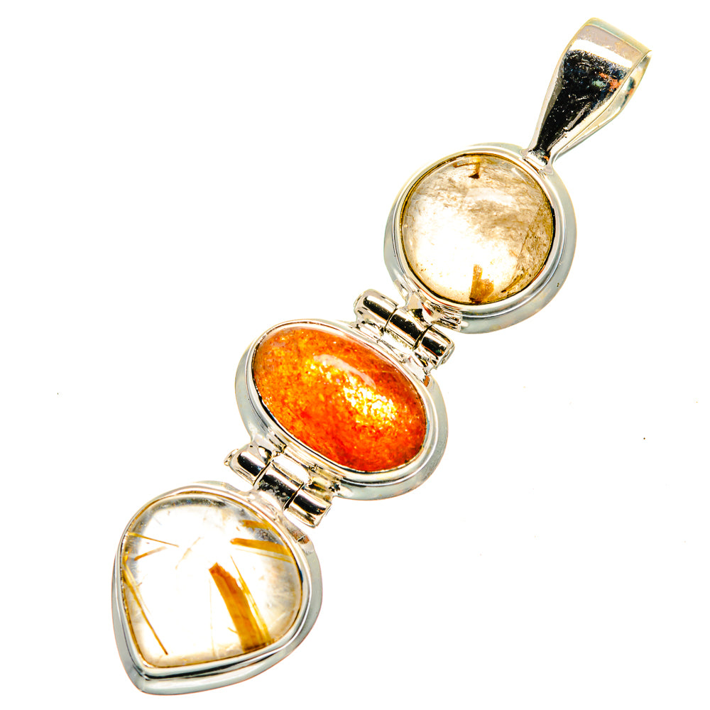 Rutilated quartz and sunstone pendant with three oval orange stones in polished silver settings