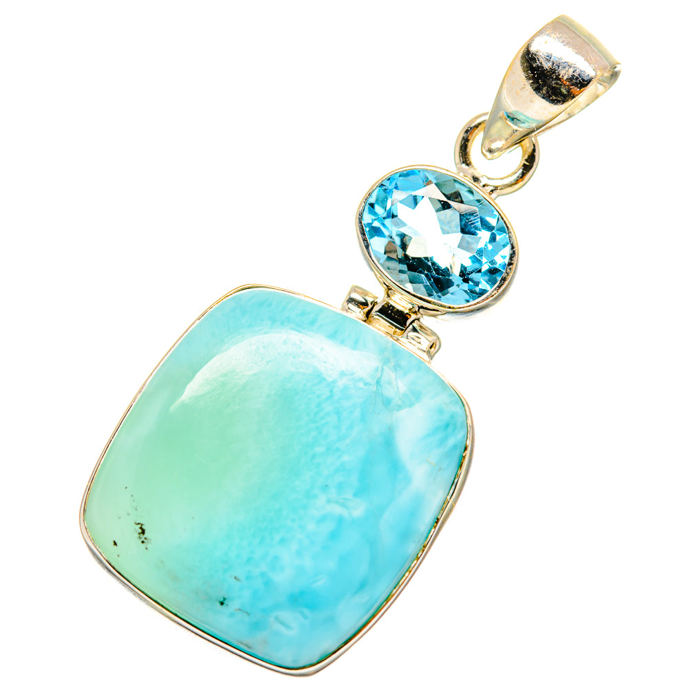 Larimar and blue topaz pendant in silver, oval topaz with rectangular larimar drop