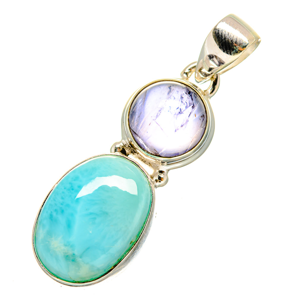 Sterling silver pendant with oval larimar and round purple tanzanite, bail loop