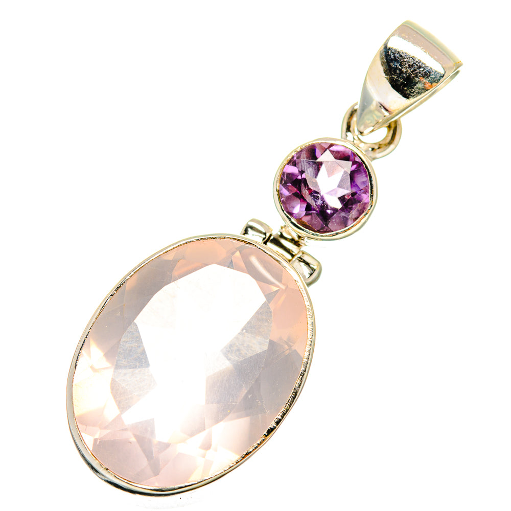Amethyst and rose quartz pendant in gold-tone bezel, oval and round gemstones, bail top