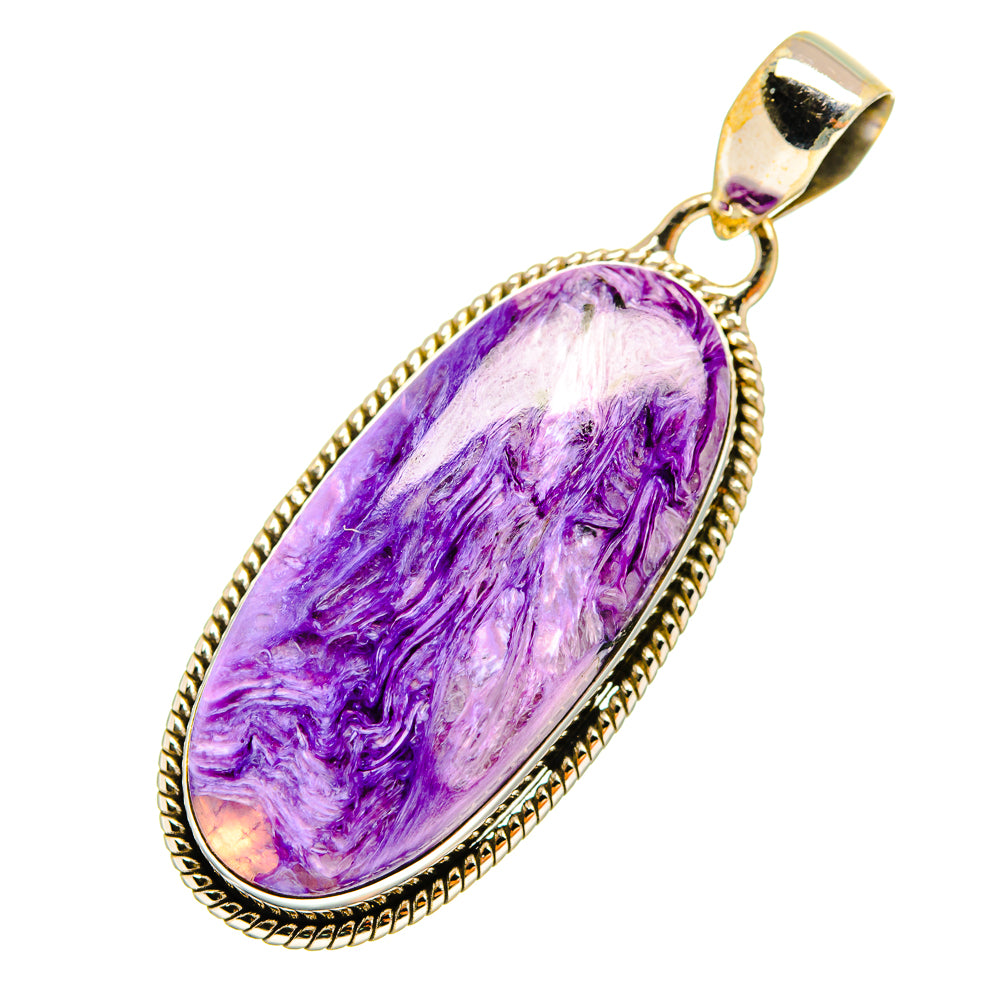 Charoite pendant in oval bezel setting with purple cabochon, 925 sterling silver bail