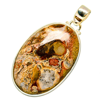 Oval rhyolite pendant with sterling silver bail; mottled tan, brown, and gray stone