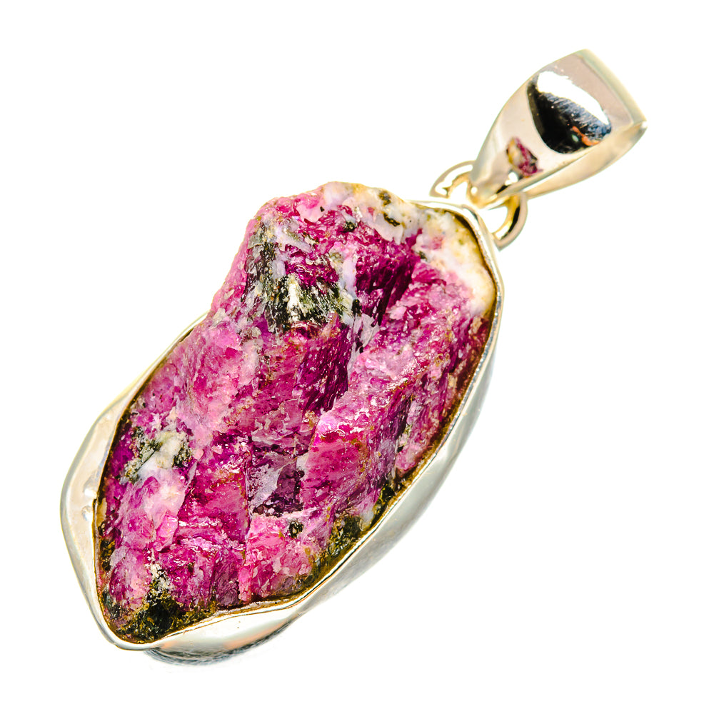 Rough fuchsia fuchsite pendant with green speckles, gold-tone bail, sterling silver setting