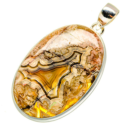 Sterling silver oval lace agate pendant with gold, cream and brown swirls