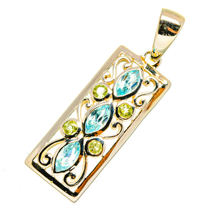 Rectangular sterling silver pendant with blue and green gemstones in filigree setting