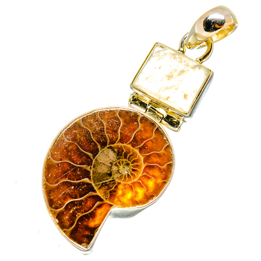 Ammonite Fossil, Rainbow Moonstone Pendants handcrafted by Ana Silver Co - PD9319