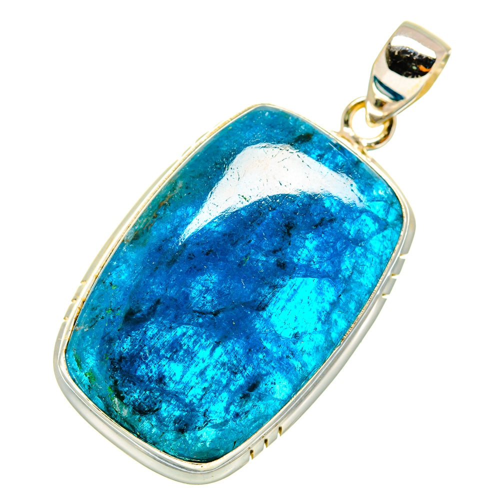 Apatite pendant with rectangular blue-green stone, sterling silver frame and bail