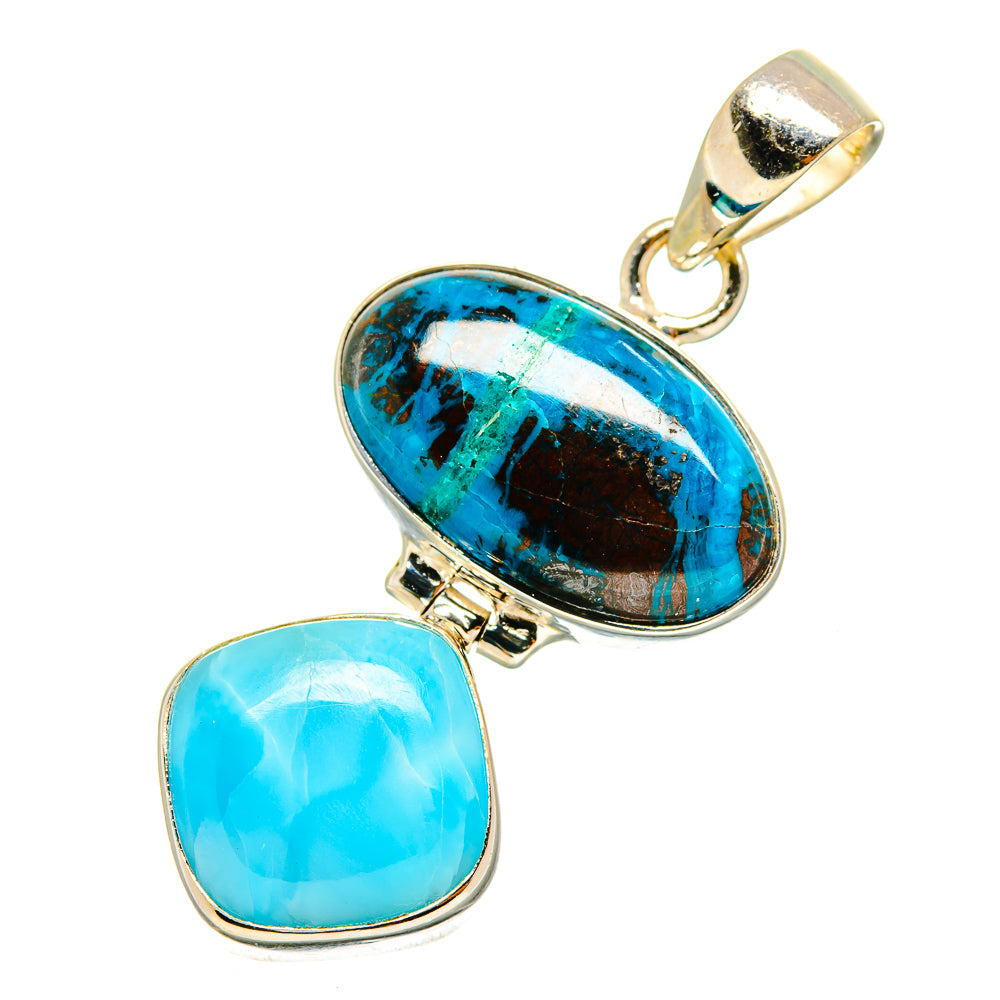 Sterling silver pendant with oval blue shattuckite and larimar cabochons