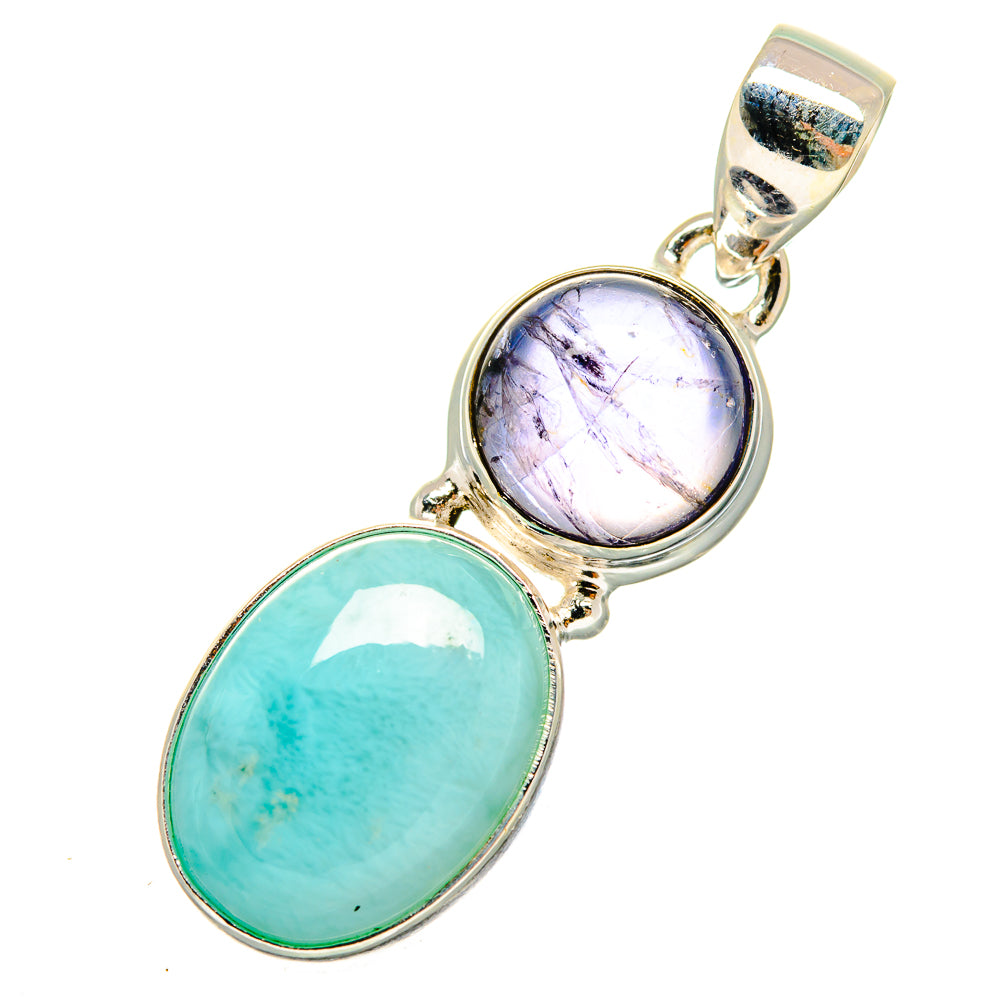 Sterling silver pendant with oval aqua larimar and round lavender tanzanite cabochons