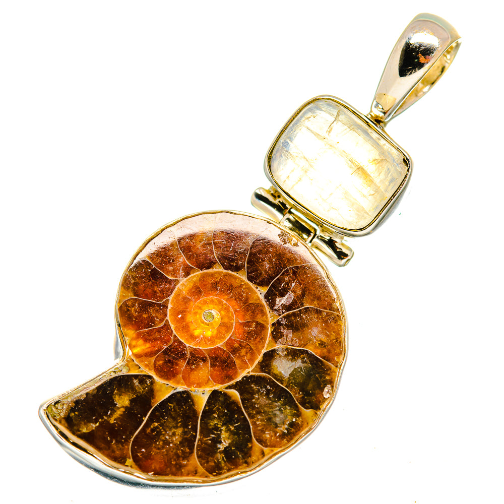 Ammonite fossil pendant with silver-tone bail and pale yellow square moonstone cabochon