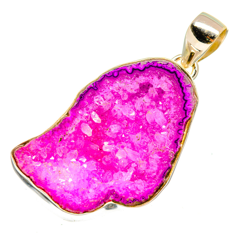 Pink geode slice pendant, purple-pink druzy in gold-tone 925 silver setting