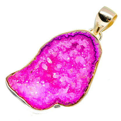 Pink geode slice pendant, purple-pink druzy in gold-tone 925 silver setting
