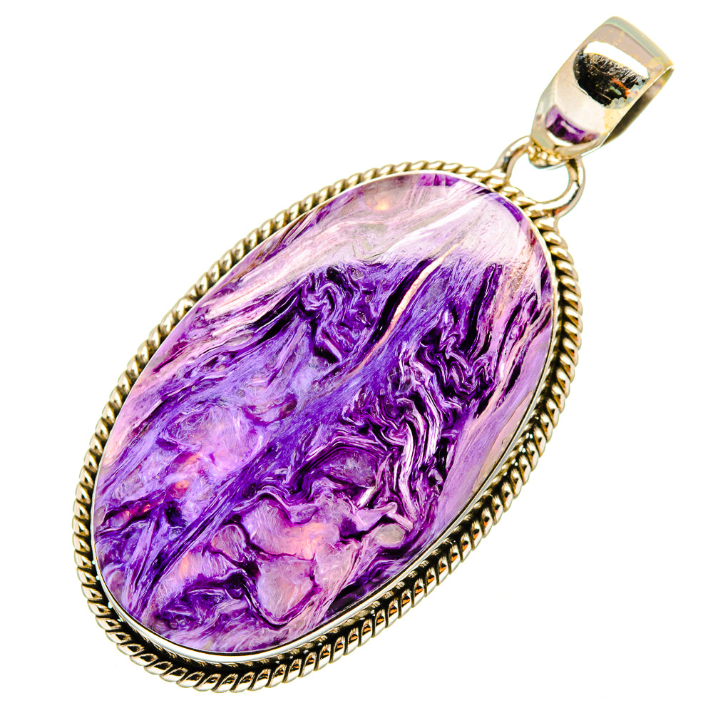 Oval purple charoite pendant with rope-edge silver bezel and loop bail, polished finish