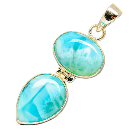 Oval Larimar stone pendant in 925 sterling silver with chain loop and twin stones