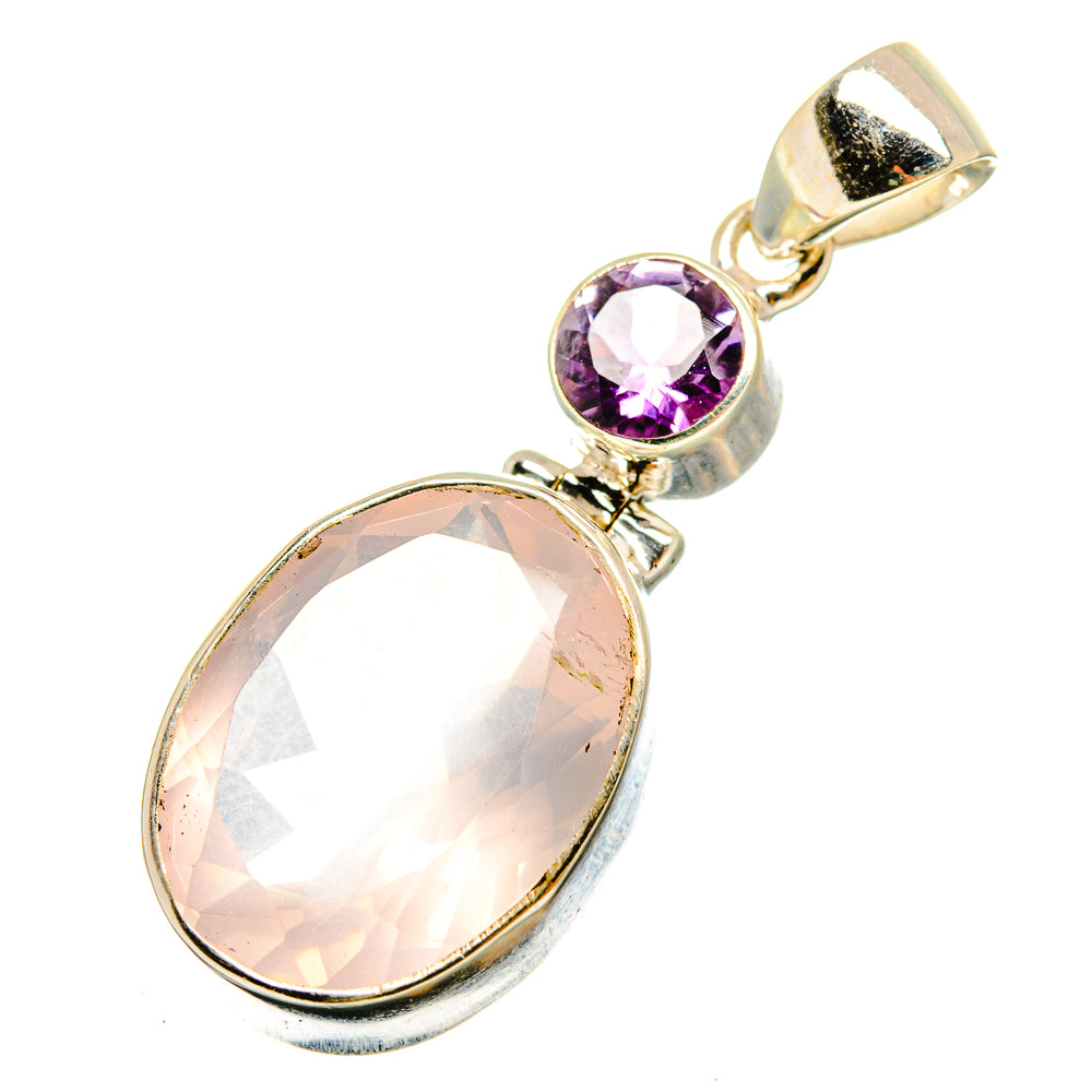 Oval pink rose quartz and purple amethyst pendant in silver bezel setting
