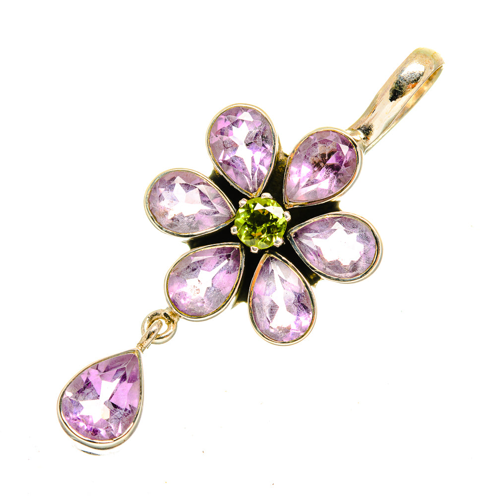 Sterling silver amethyst flower pendant with peridot center and drop charm
