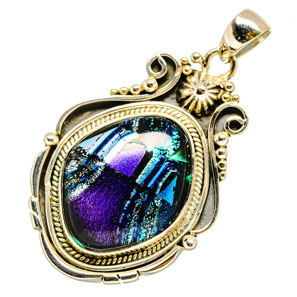 Sterling silver oval dichroic glass pendant with blue-purple iridescent bezel and bail
