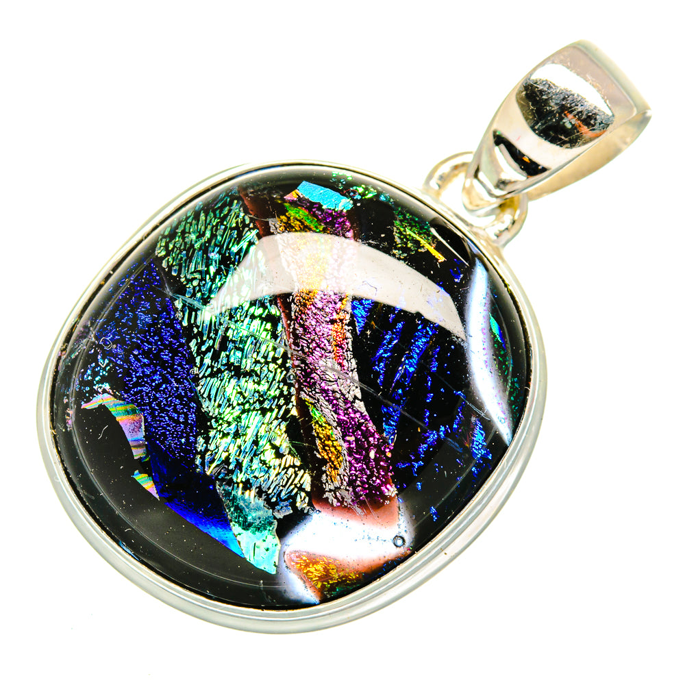 Round dichroic glass pendant, multicolor iridescent cabochon, sterling silver bail