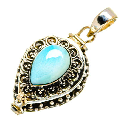 Larimar pendant in 925 sterling silver, oval blue stone with ornate filigree bezel