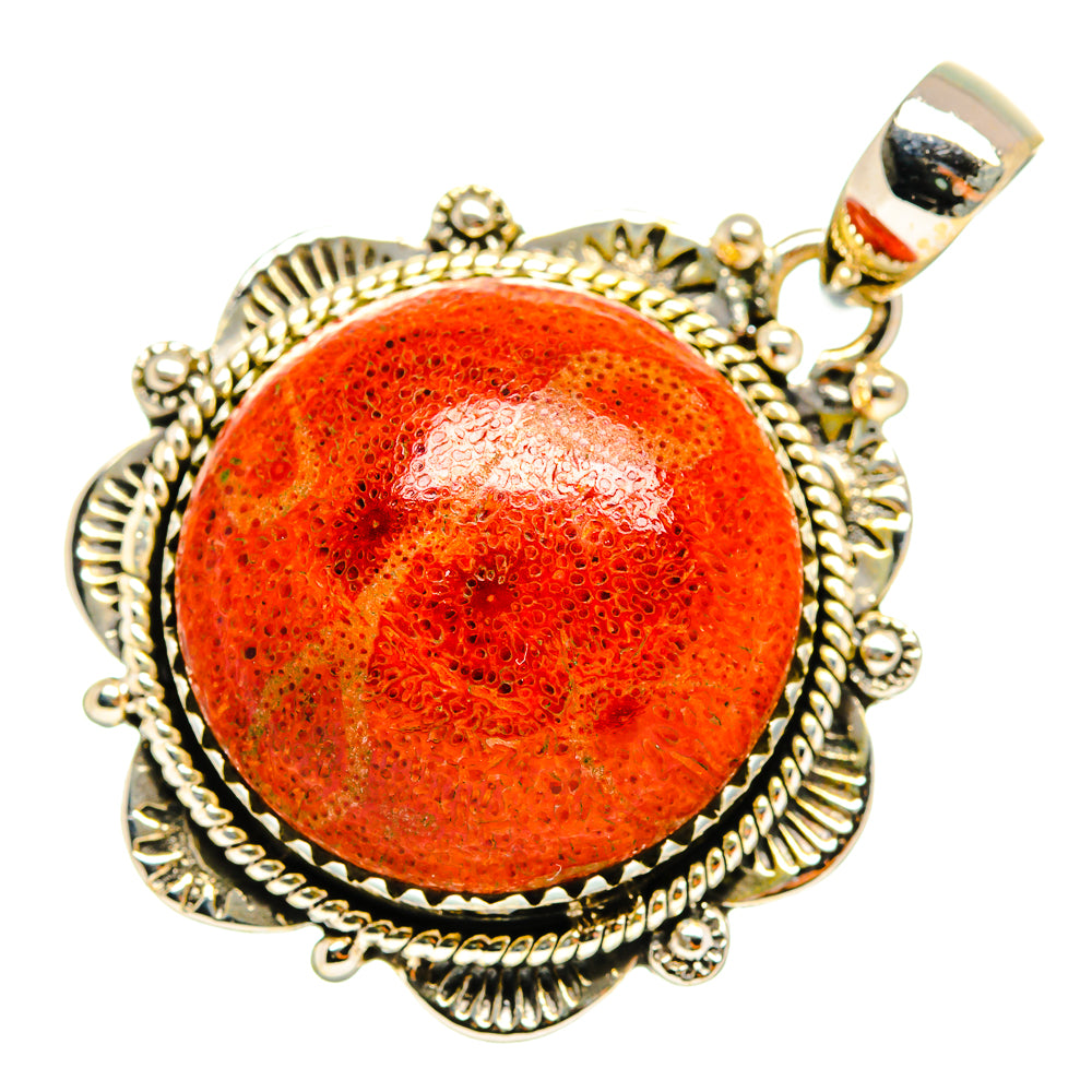 Round sponge coral cabochon pendant in ornate 925 sterling silver setting, bail top