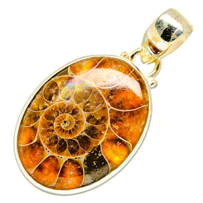 Ammonite fossil pendant, 925 sterling silver round bezel with orange-gold fossil details