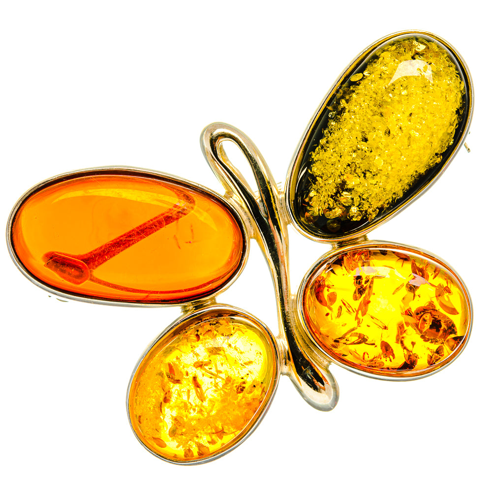 Amber leaf-shaped brooch pin in gold-tone 925 sterling silver with three amber stones
