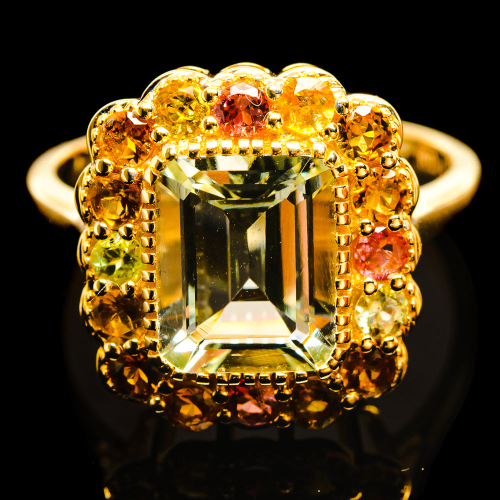 14K yellow gold ring, square green amethyst center, multicolor tourmaline halo