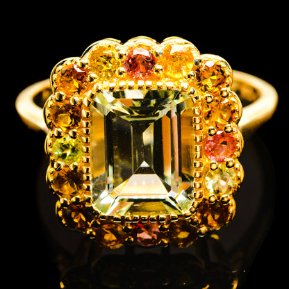 14K yellow gold ring, square green amethyst center, multicolor tourmaline halo
