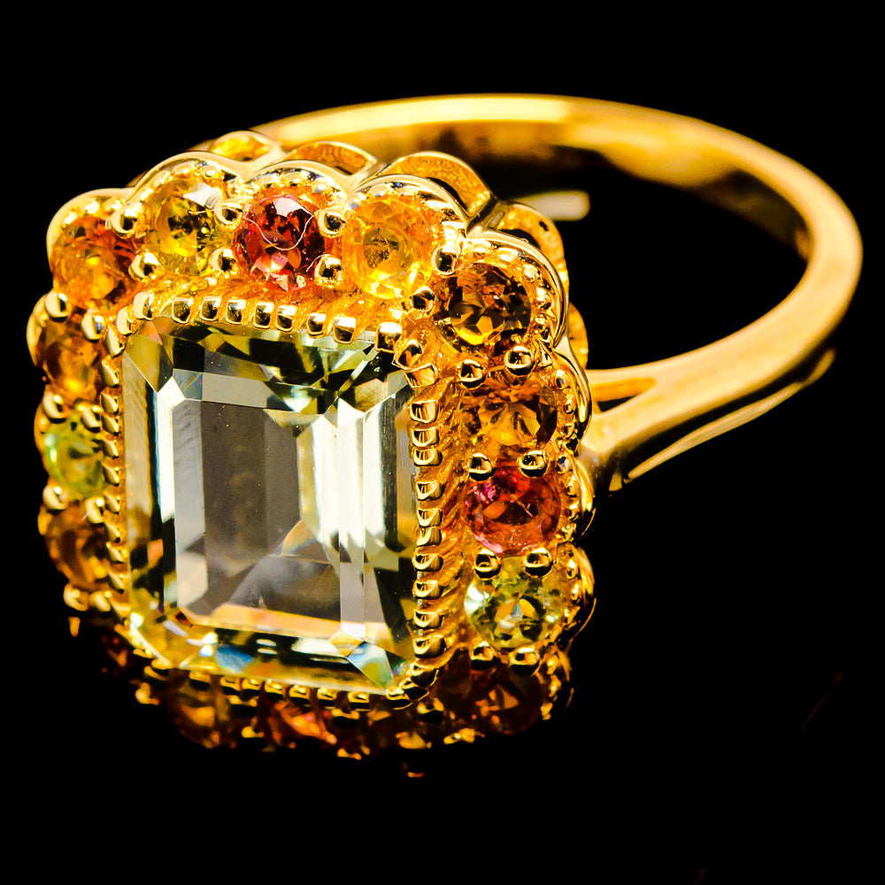 14K yellow gold ring profile, square green amethyst center with multicolor tourmalines