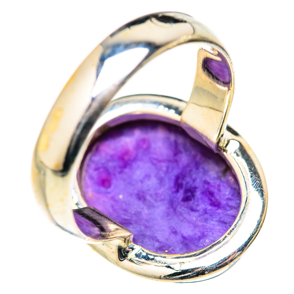 Charoite ring in 925 sterling silver with oval purple stone, side view of bezel