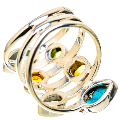 Sterling silver ring band with inside view of turquoise, yellow and green oval stones