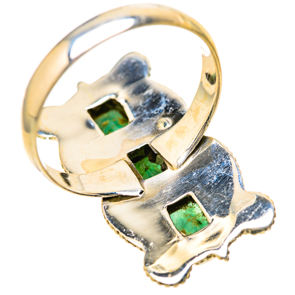 Sterling silver ring band with bezel-set green emerald-cut stones and blue inlay