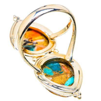 Two-teardrop inlaid ring with turquoise, orange, and copper tones on silver setting